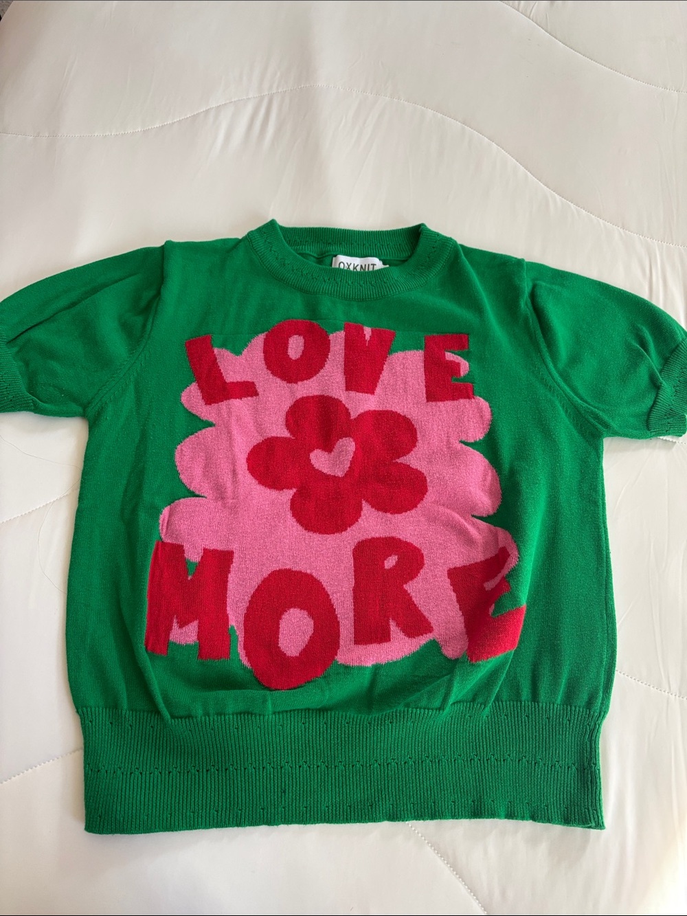 Green Short-Sleeve Knit Top with Pink & Red 'LOVE MORE' Graphic